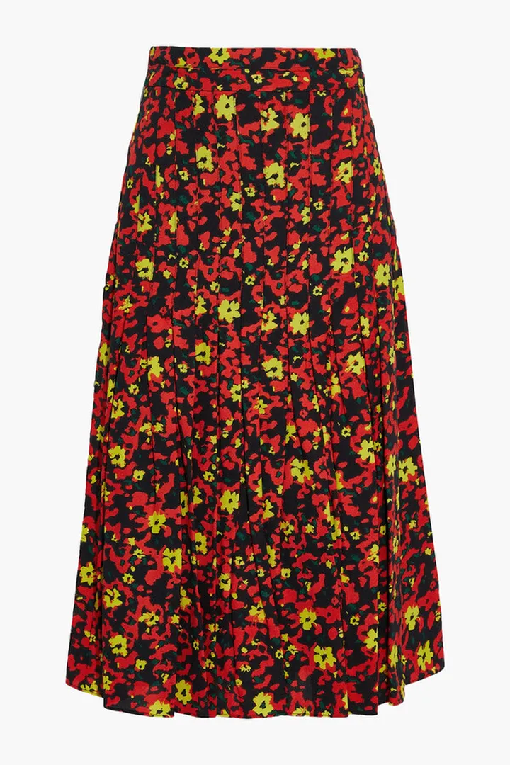 Pleated printed crepe midi skirt