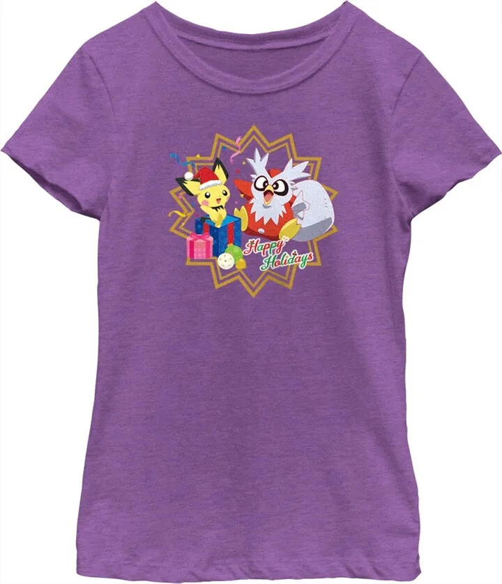 Girl's Pokemon Christmas Pikachu and Delibird Happy Holidays T-Shirt - Purple Berry - Medium