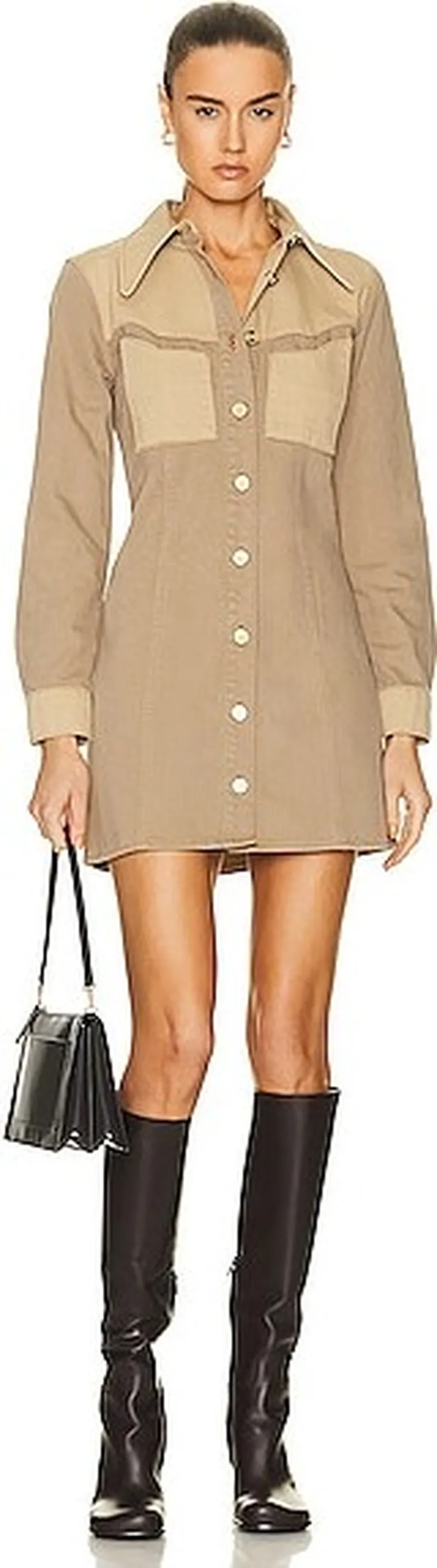 Ganni Overdyed Cutline Denim Western Dress in Tan