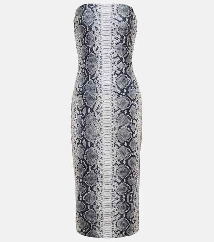 Snake-print bandeau jersey midi dress