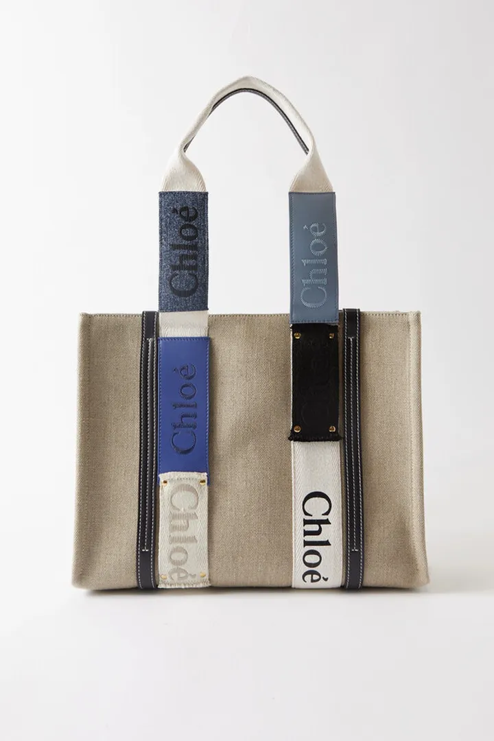 Chloé - Woody Medium Leather-trimmed Patchwork Linen-canvas Tote - Blue