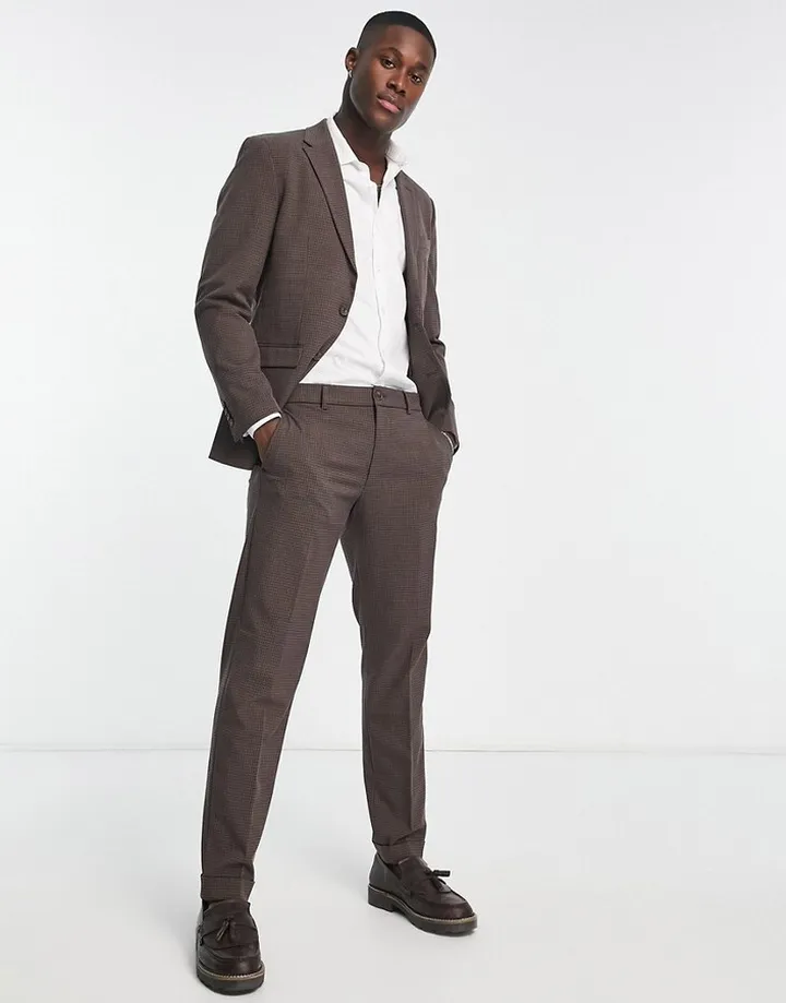 Selected Homme slim fit suit pants in brown mini plaid