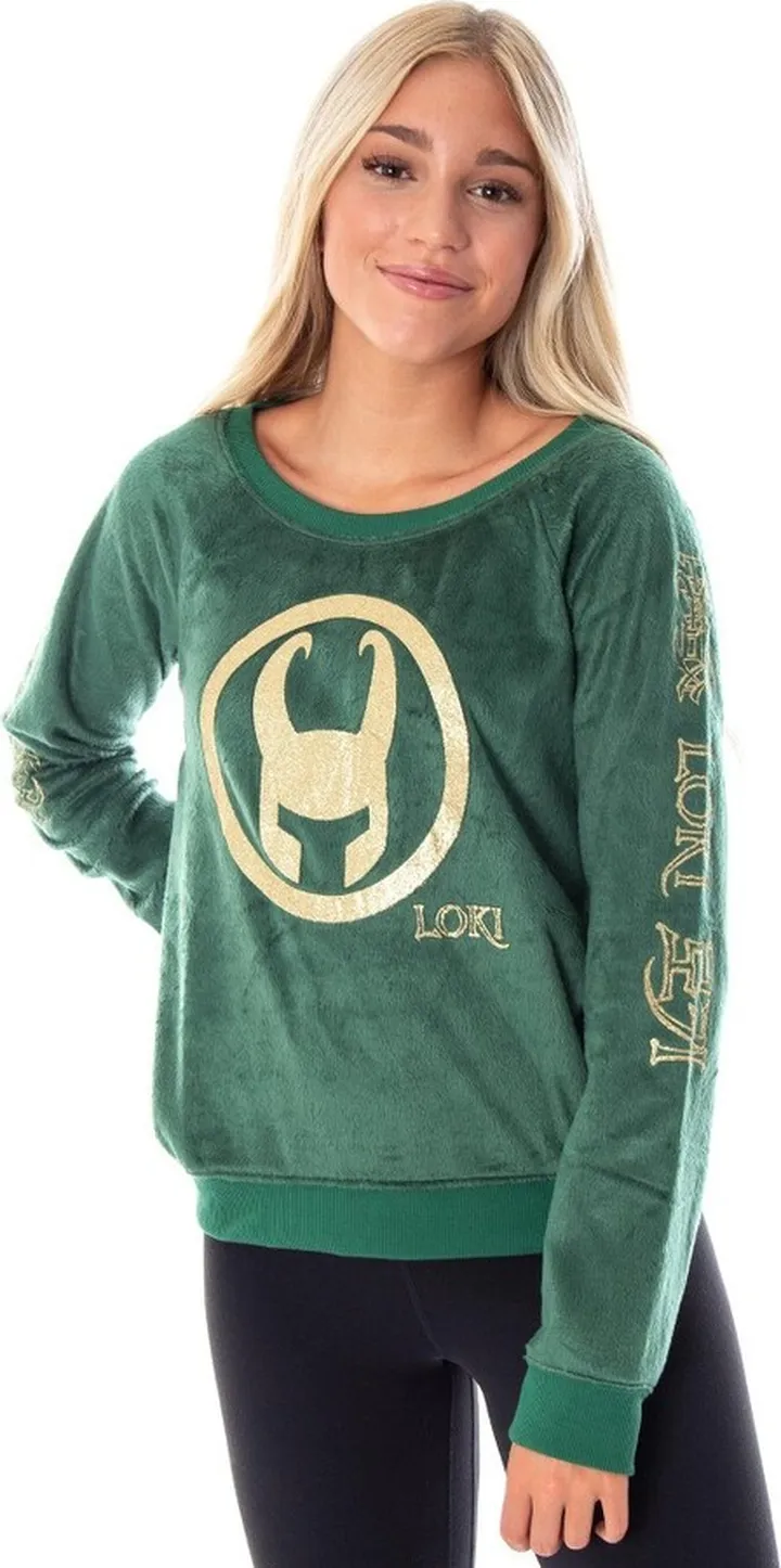Marvel Comics Women's Loki Helmet Gold Foil Print Long Sleeve Sleep Shirt (SM) Green