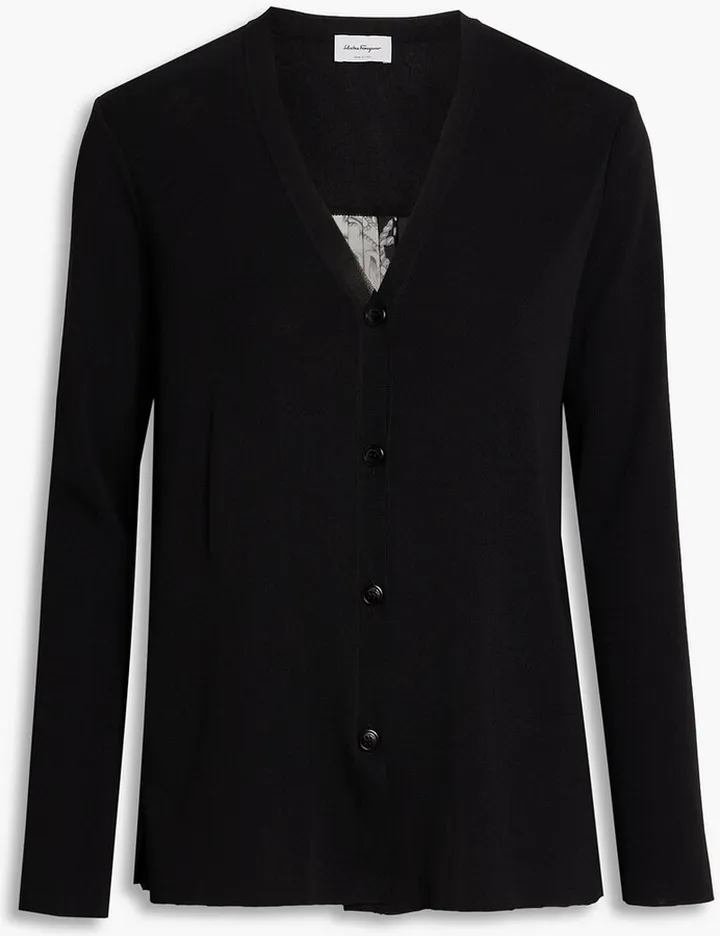 Pleated printed silk-paneled stretch-knit cardigan