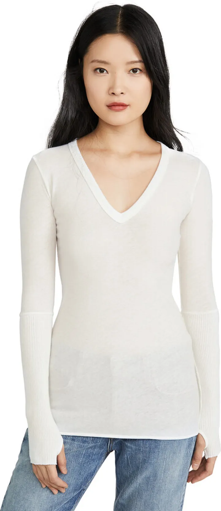 Enza Costa Cashmere Cuffed V Neck Top