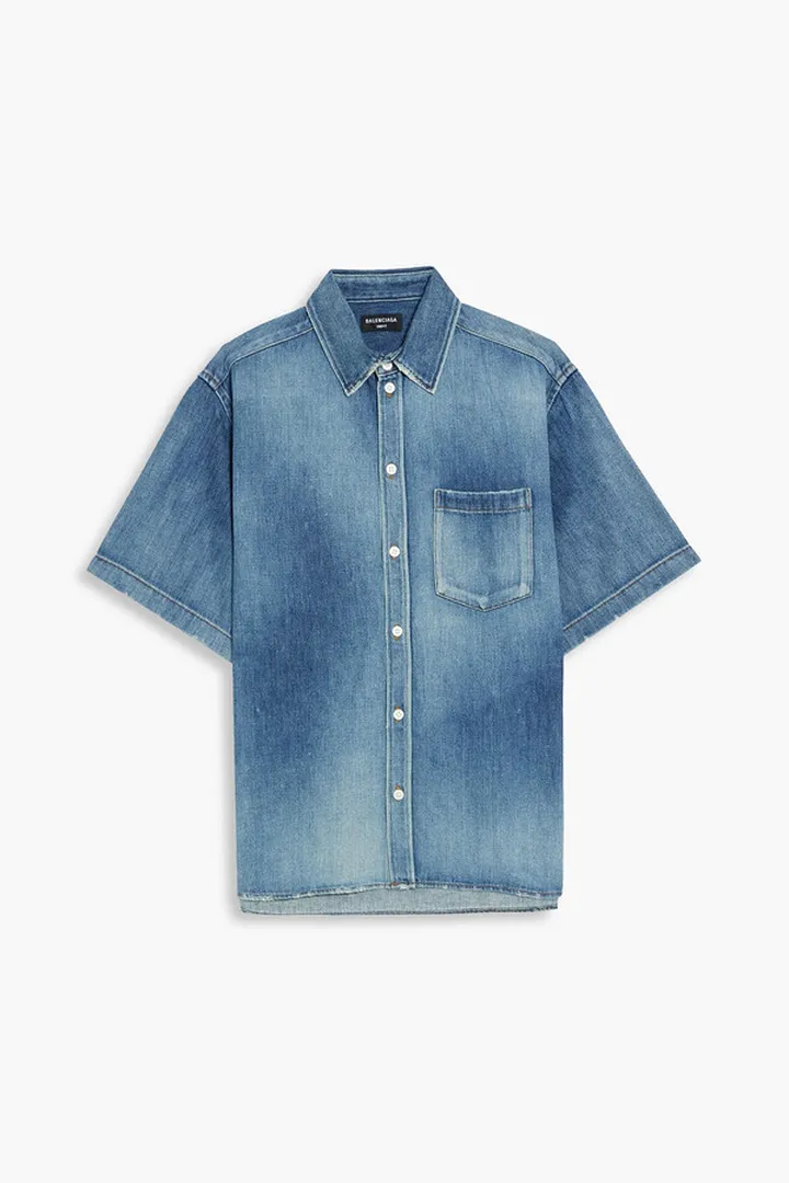 Logo-embroidered distressed denim shirt