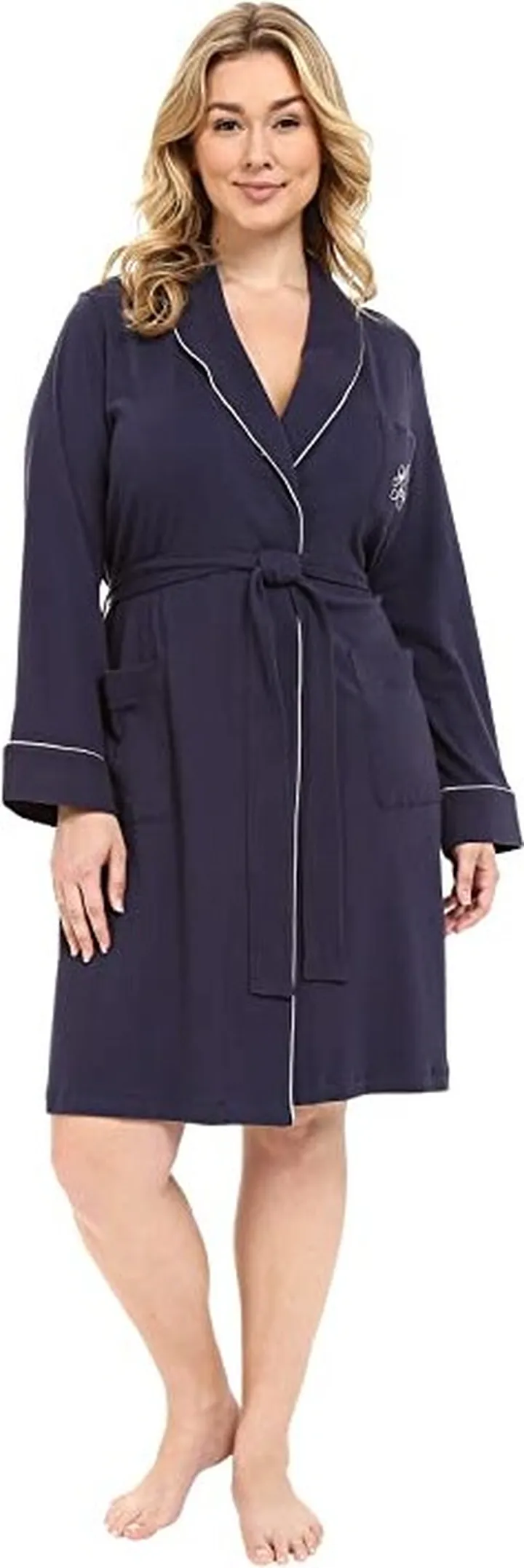 LAUREN Ralph Lauren Plus Size Essentials Quilted Collar and Cuff Robe (Navy) Women's Robe