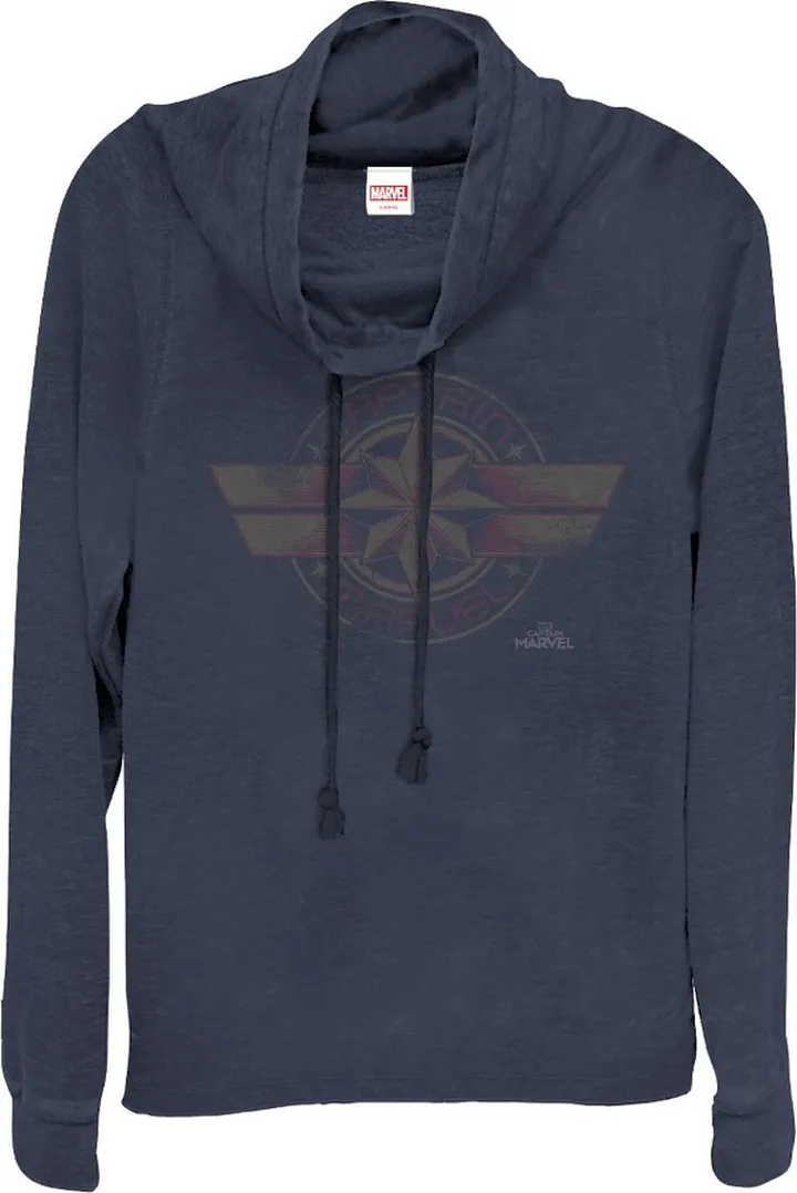 Junior's Marvel Captain Marvel Retro Star Emblem Cowl Neck Sweatshirt - Navy Blue - X Small