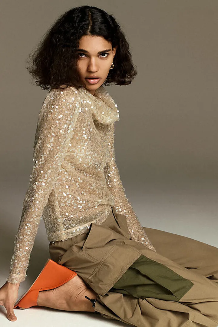 Sunday in Brooklyn Sheer Sequin Turtleneck Gold