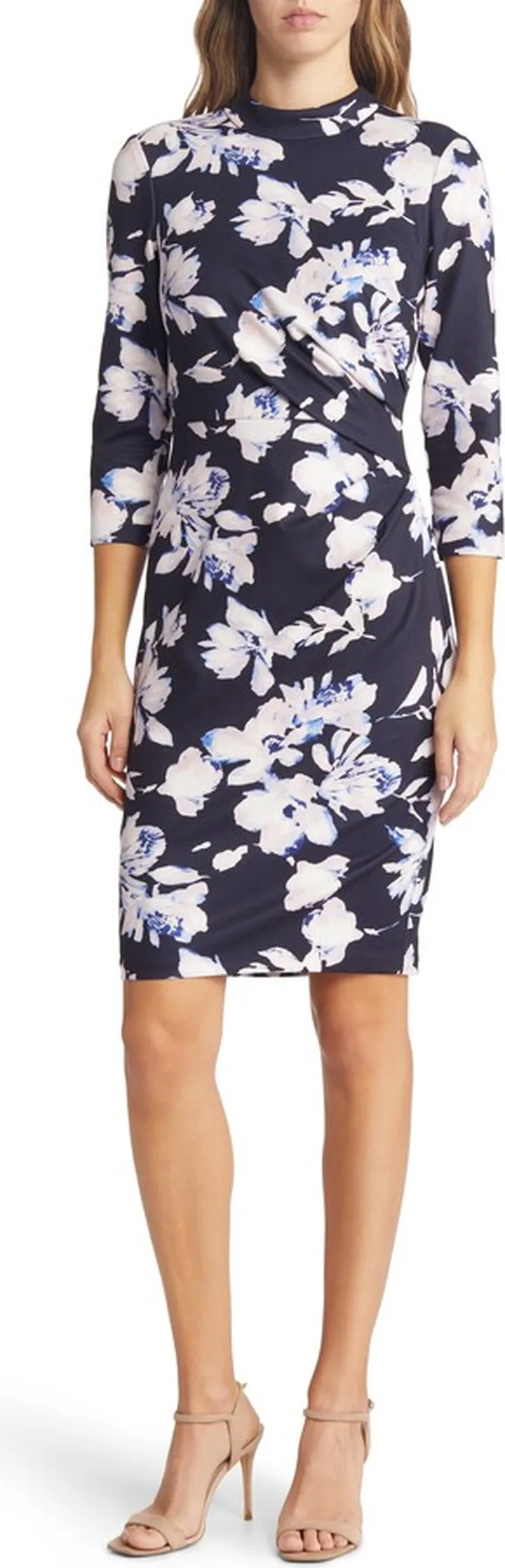 Mock Neck Drape Detail Sheath Dress