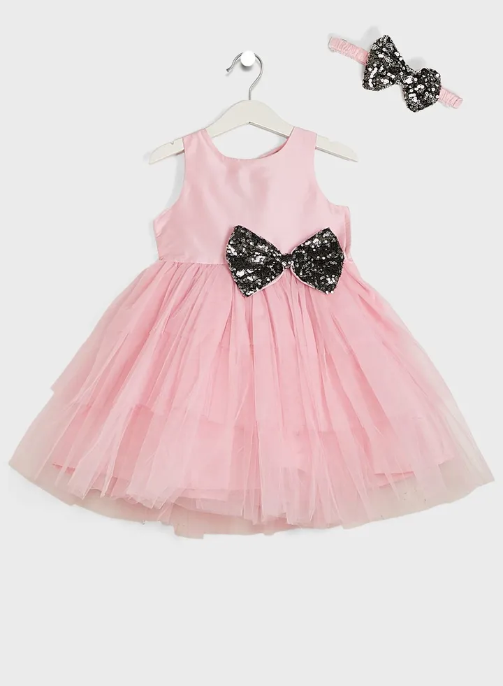 Girls Evening Wear Layered Dress With Bow Detailing On Waist