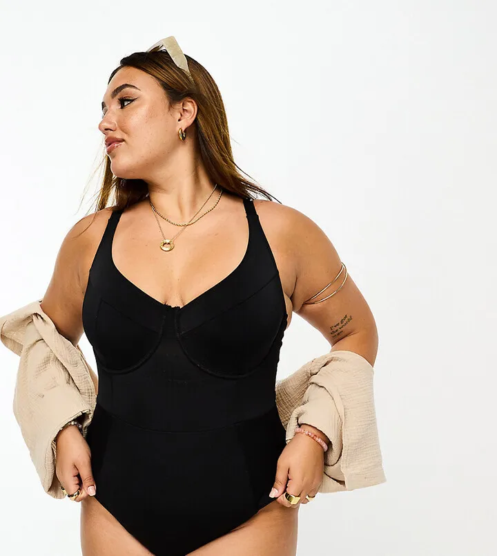 ASOS DESIGN Curve underwired contour swimsuit in black