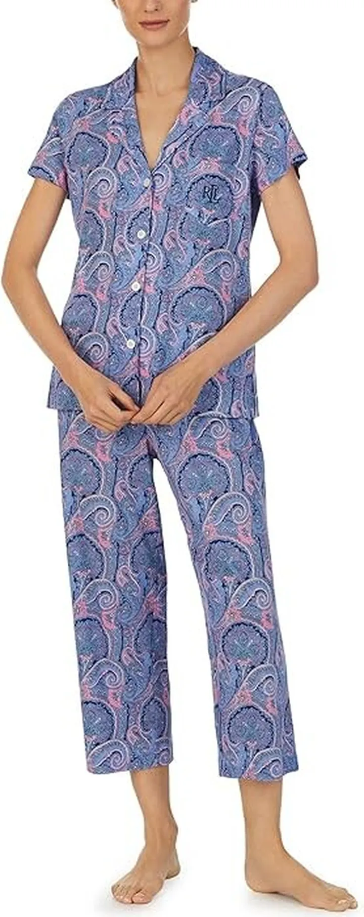 LAUREN Ralph Lauren Short Sleeve Knit Capris PJ Set (Blue Paisley) Women's Pajama Sets