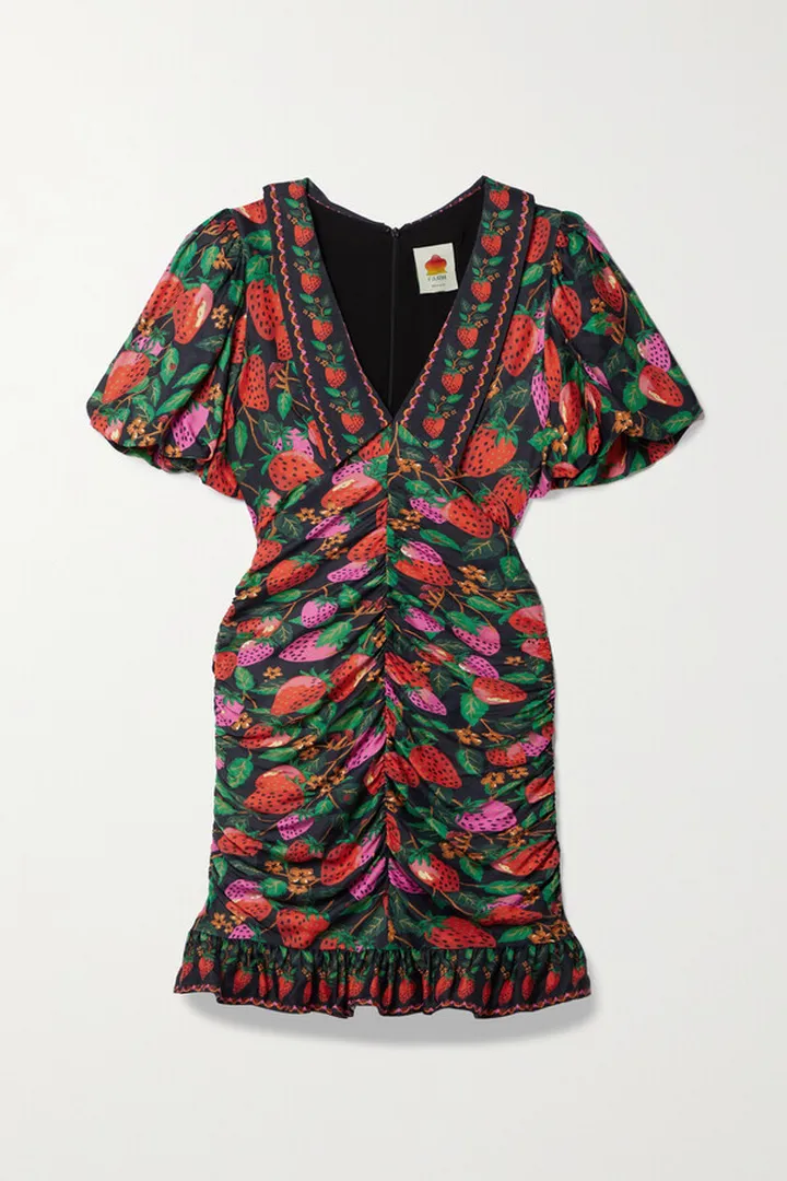 Farm Rio - Ruched Printed Twill Mini Dress - Black