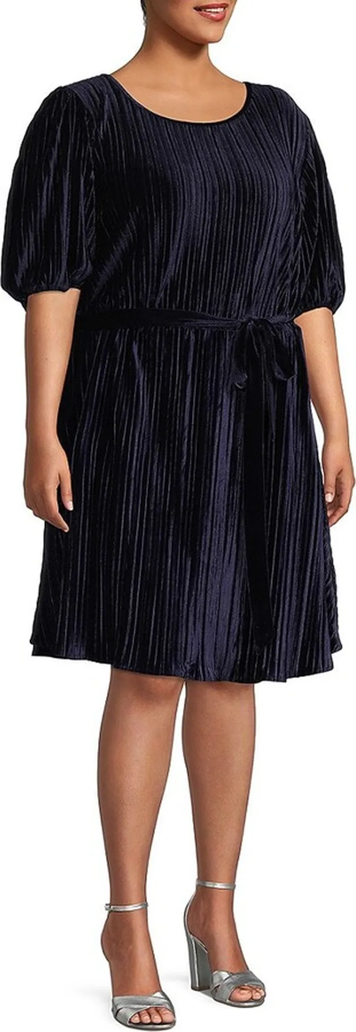 Plus Pleated Velvet Belted Dress