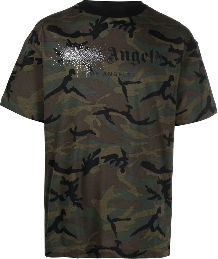 camouflage-print rhinestone logo T-shirt