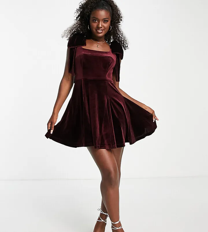 Ever New velvet tie shoulder mini prom dress in plum