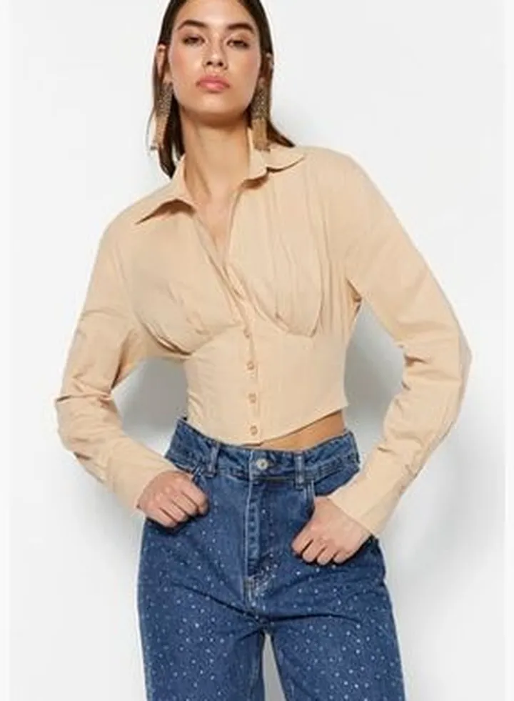 Stone Crop Lined Corset Detail Poplin Shirt TPRAW23GO00003