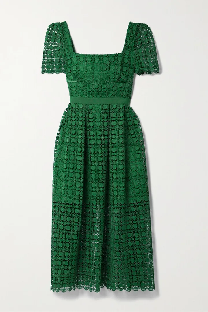 Self-Portrait - Grosgrain-trimmed Corded Lace Midi Dress - Green