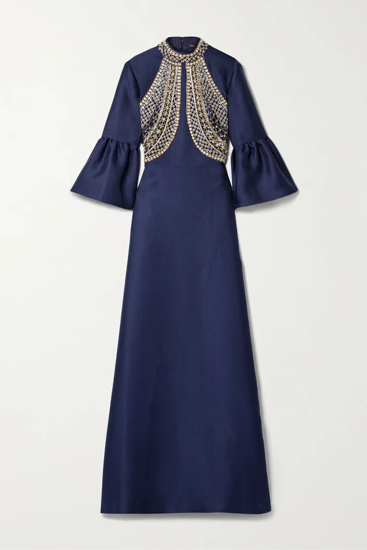 Reem Acra - Embellished Ruffled Satin-piqué Gown - Blue