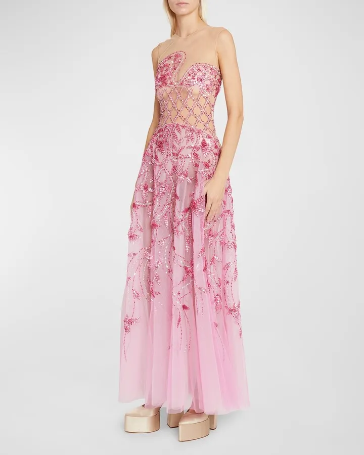 Asymmetric Beaded Tulle Illusion Gown