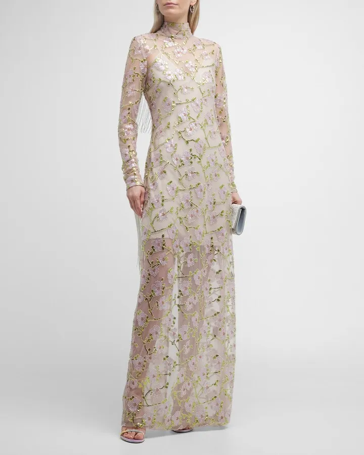 Reba Flower Mesh Fringe Maxi Dress