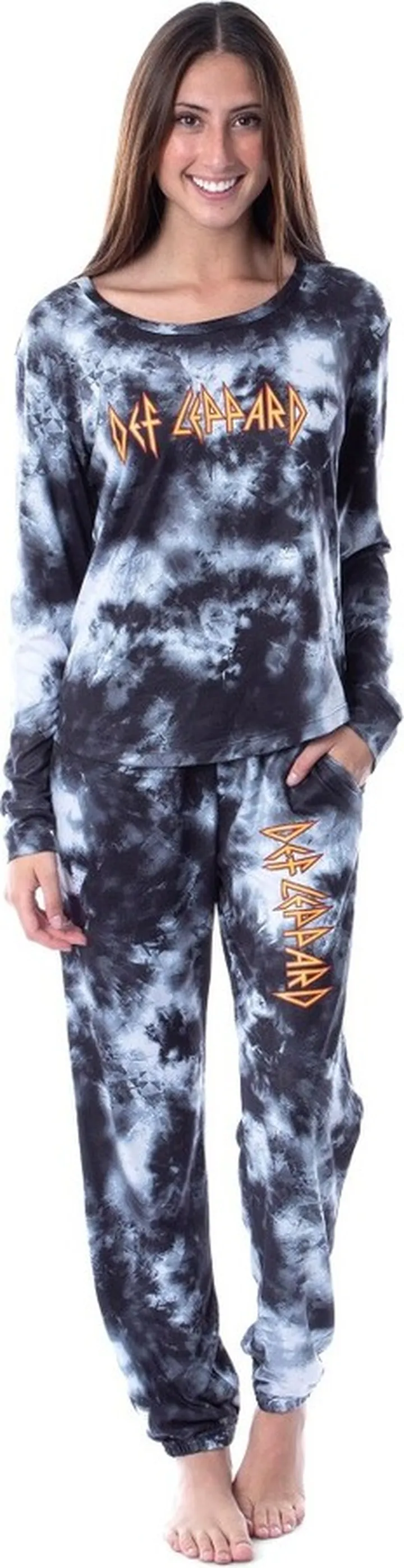 Def Leppard Logo Long Sleeve Womens' Rock Band Tie Dye Lounge Jogger PJ Set MD Black
