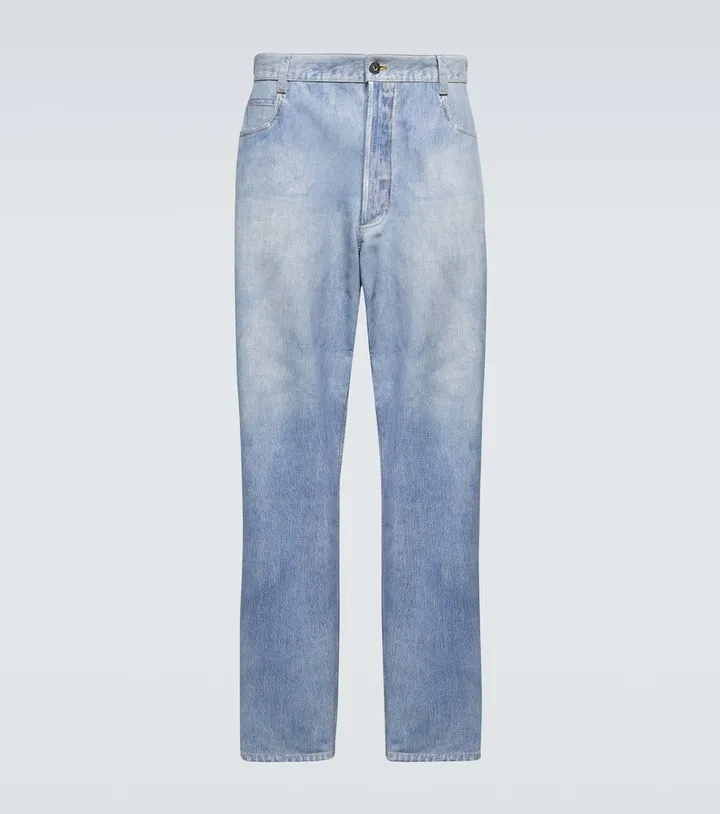 Denim-print wide-leg leather pants
