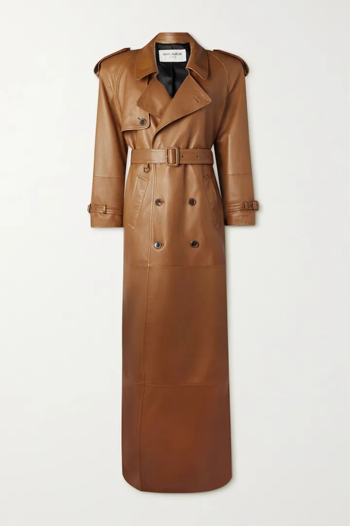 SAINT LAURENT - Belted Leather Trench Coat - Brown
