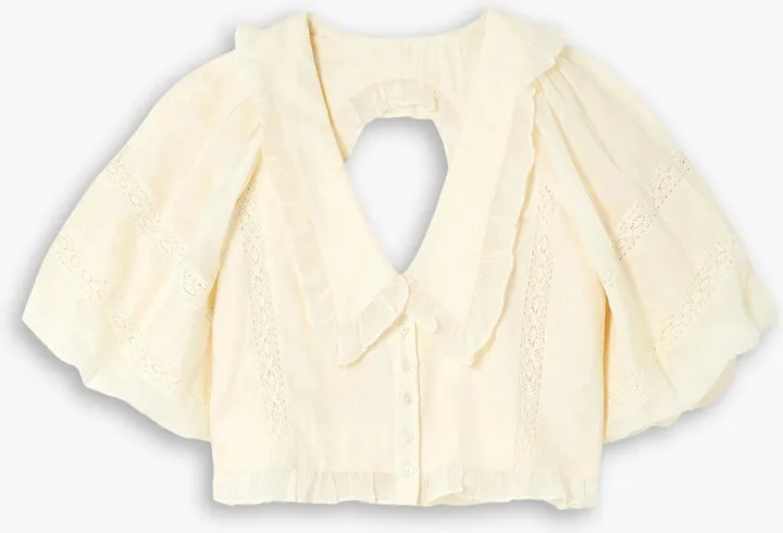Maeveline cropped cutout crochet-trimmed linen blouse