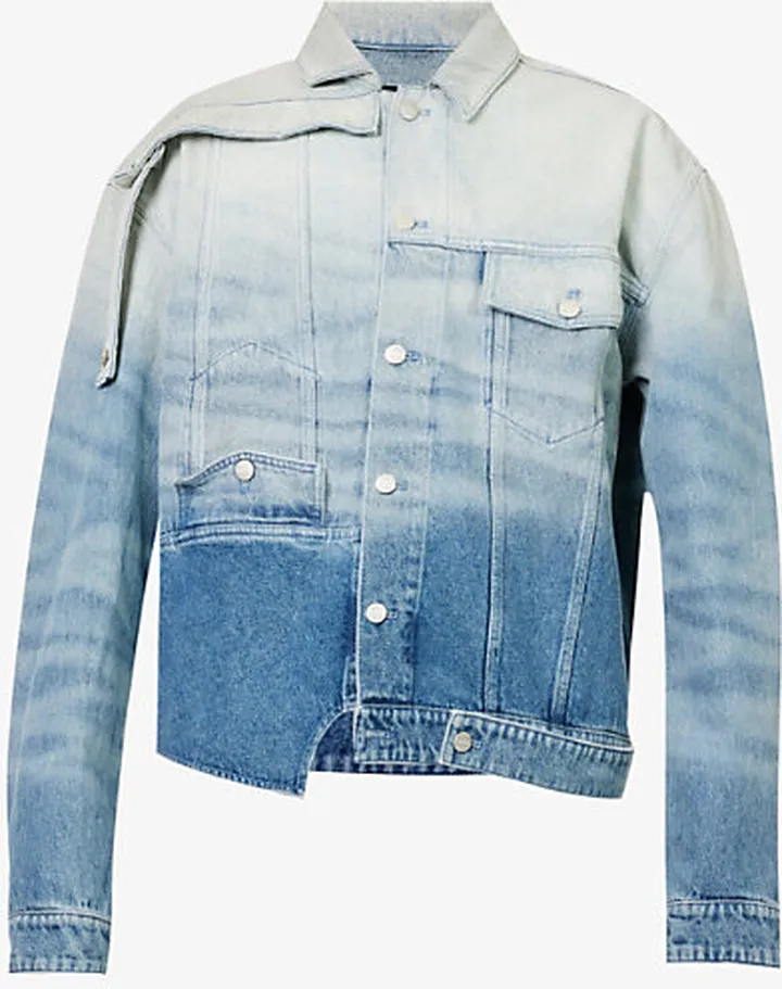 Mens Denim Wash Upside Down Panelled Boxy-fit Organic-denim Jacket