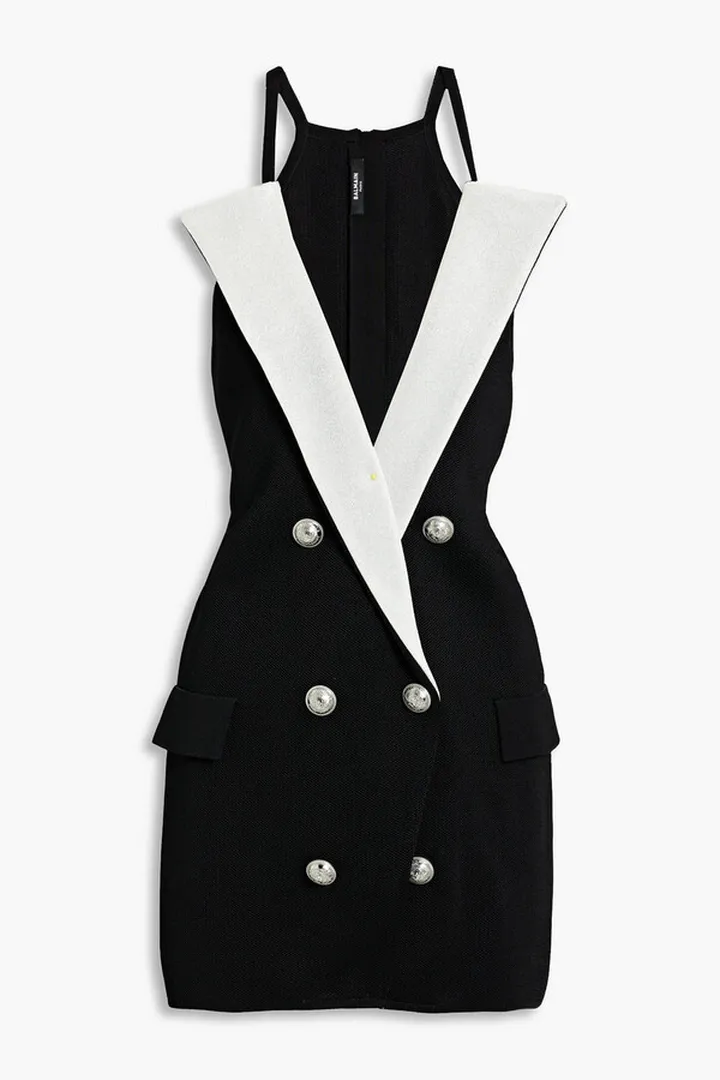 Button-embellished two-tone knitted mini dress