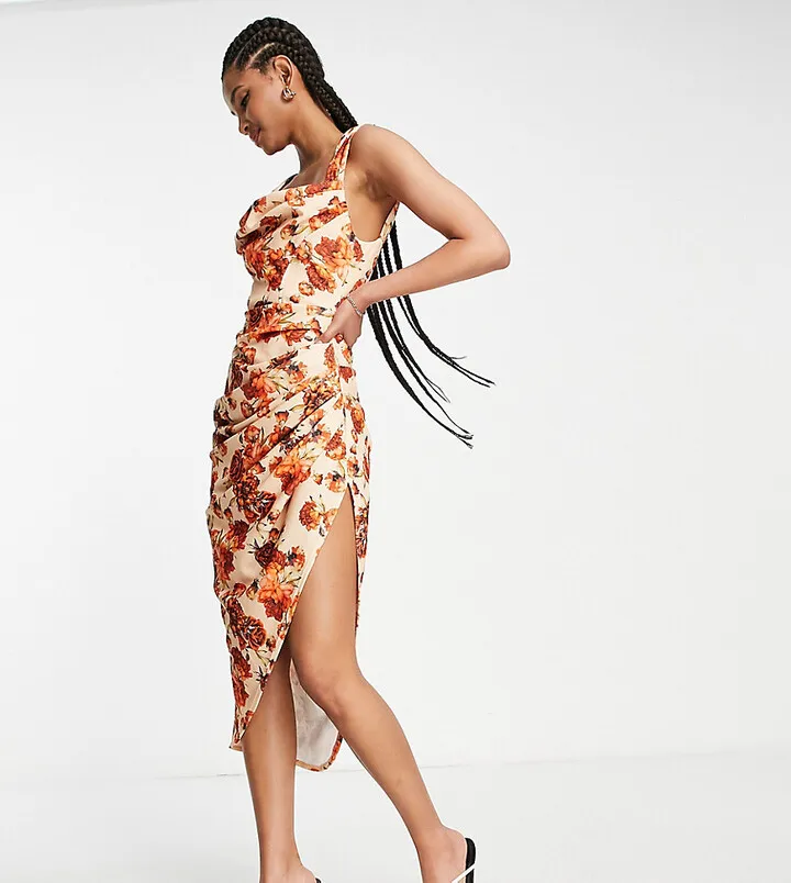 ASOS DESIGN Tall cowl neck pencil midi dress in print