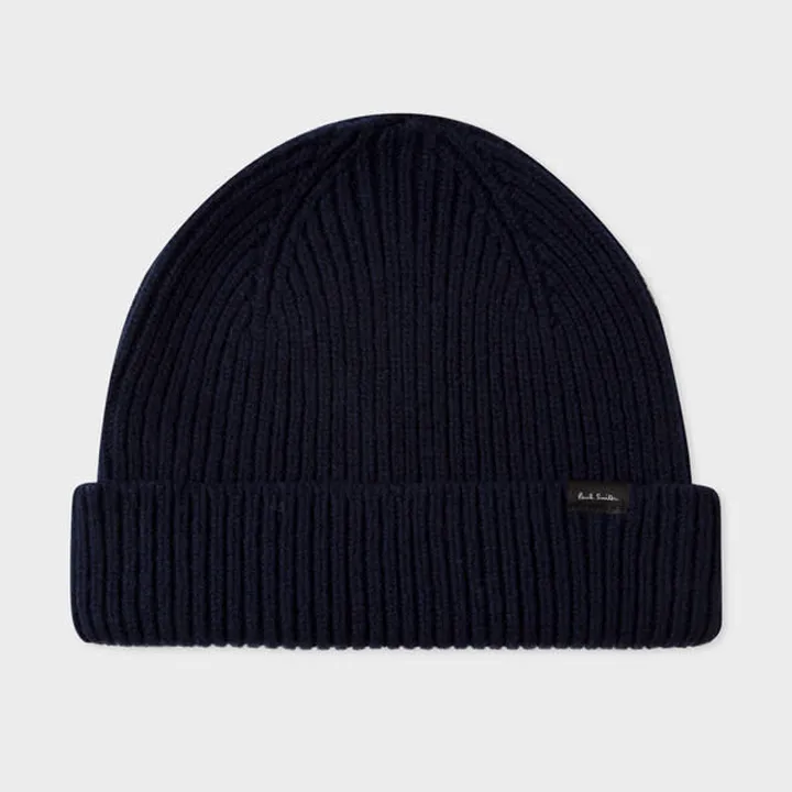 Navy Cashmere-Blend Ribbed Beanie Hat