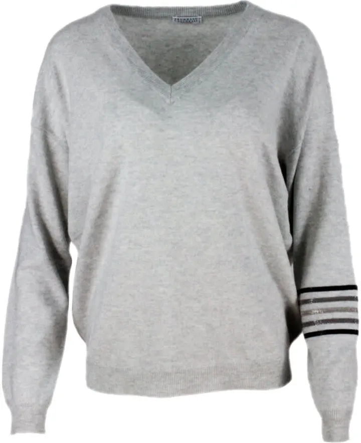 Cashmere V-neck Sweater With Rows Of Jewels On The Arm