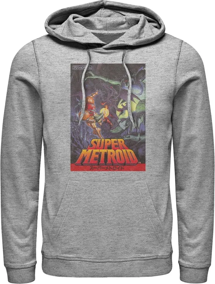 Men's Nintendo Super Metroid Japanese Cover Art Pull Over Hoodie - Athletic Heather - Small