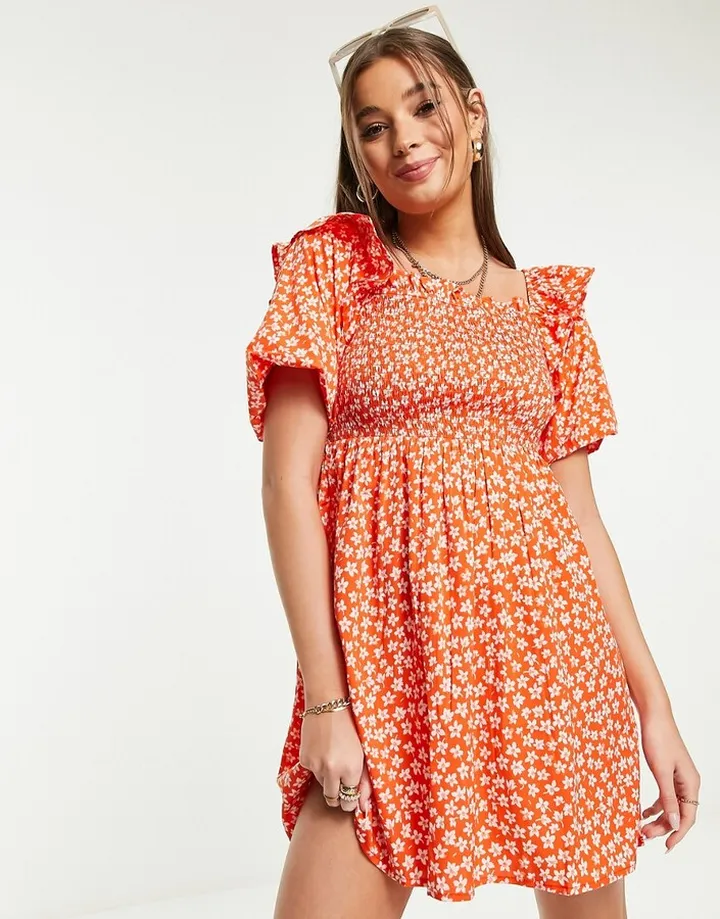 Influence frill detail mini dress in red ditsy floral