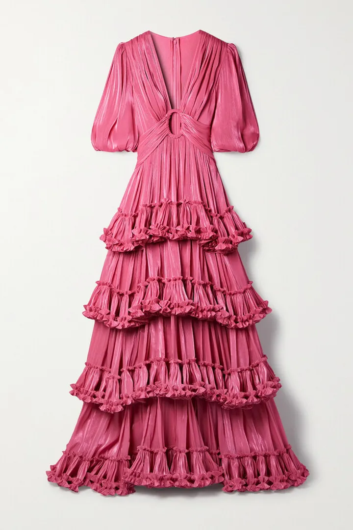 Costarellos - Cutout Ruffled Tiered Metallic Plissé-georgette Gown - Pink