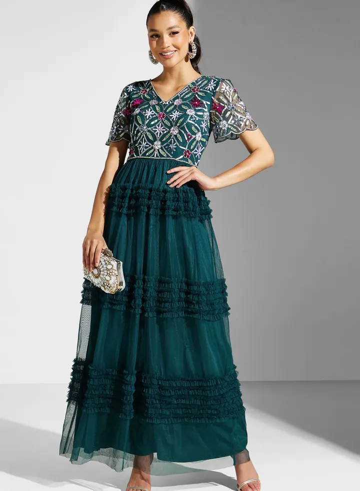 V-Neck Floral Mesh Detail Dress