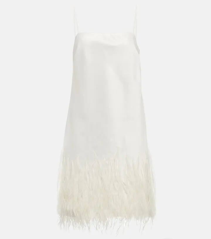 Feather-trimmed satin mini dress
