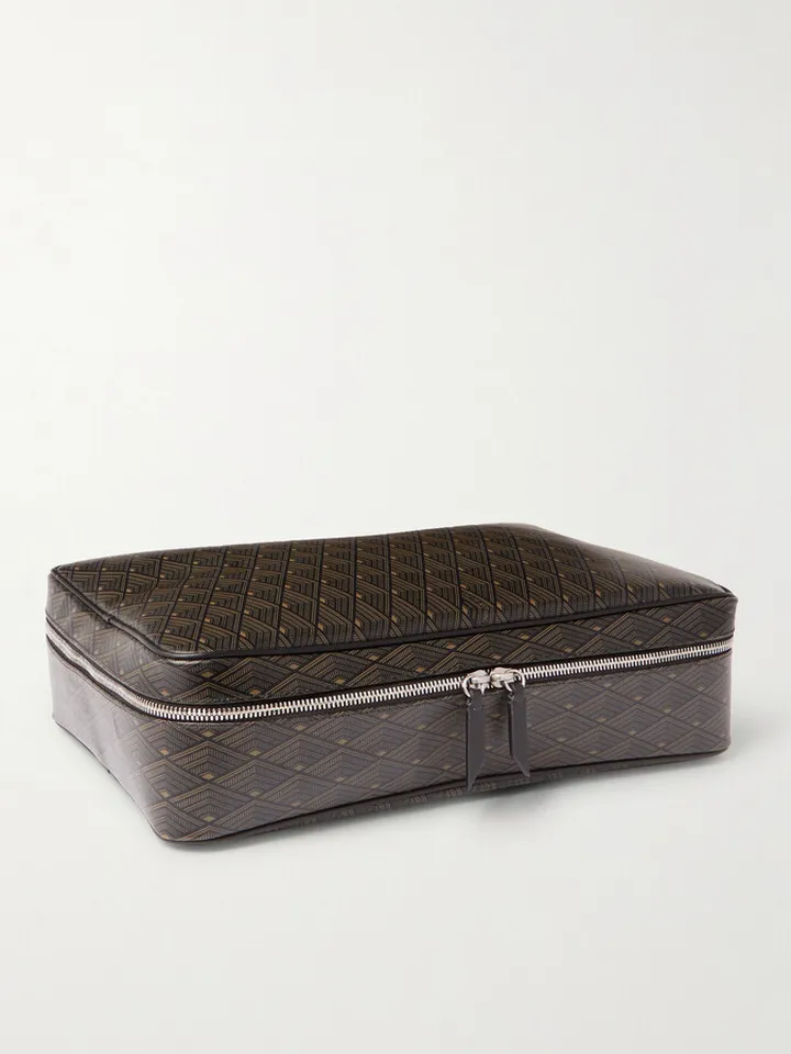 Large Leather-Trimmed Printed Canvas Clothing Pouch