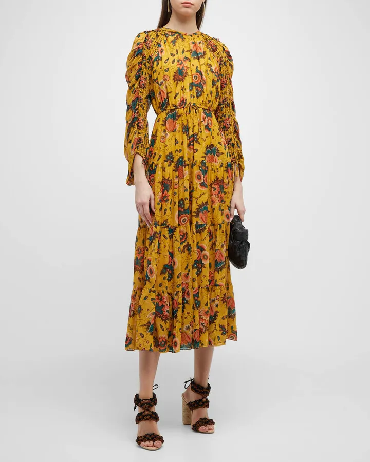 Noelle Floral Silk Tie-Cuff Maxi Dress