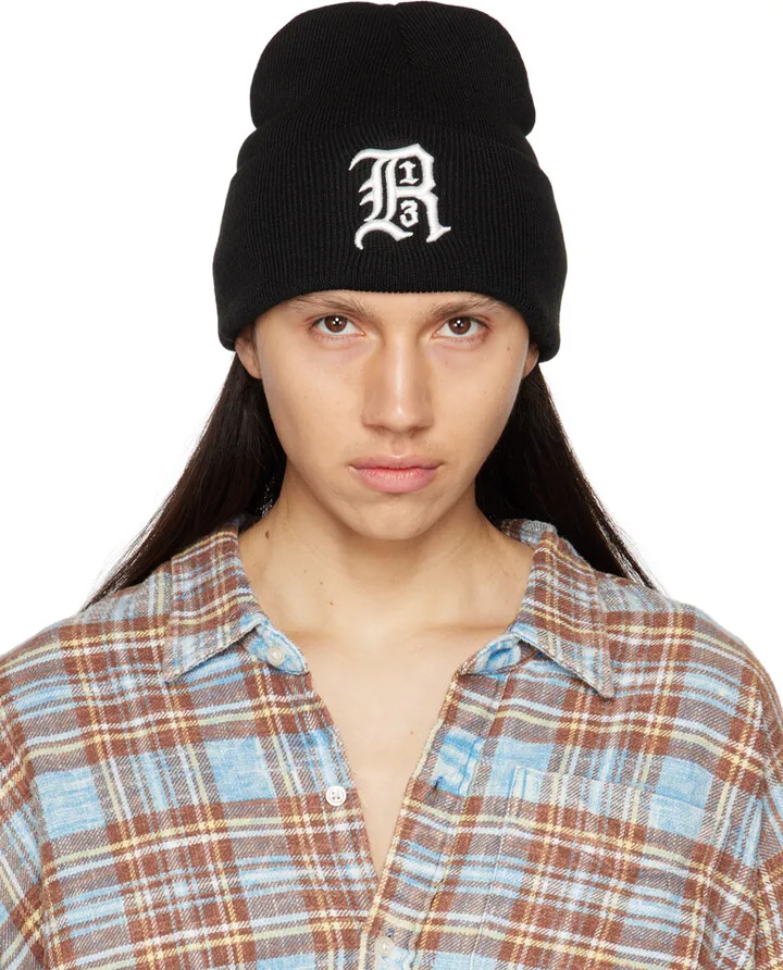 R13 Black Embroidered Beanie