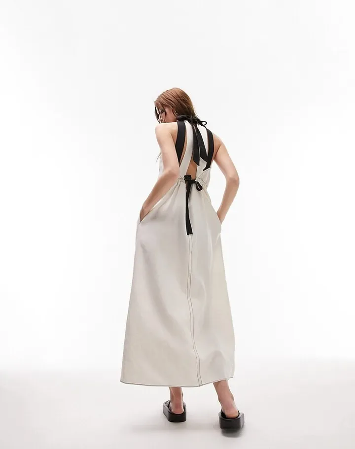 Topshop linen contrast tie chuck on maxi dress in ivory