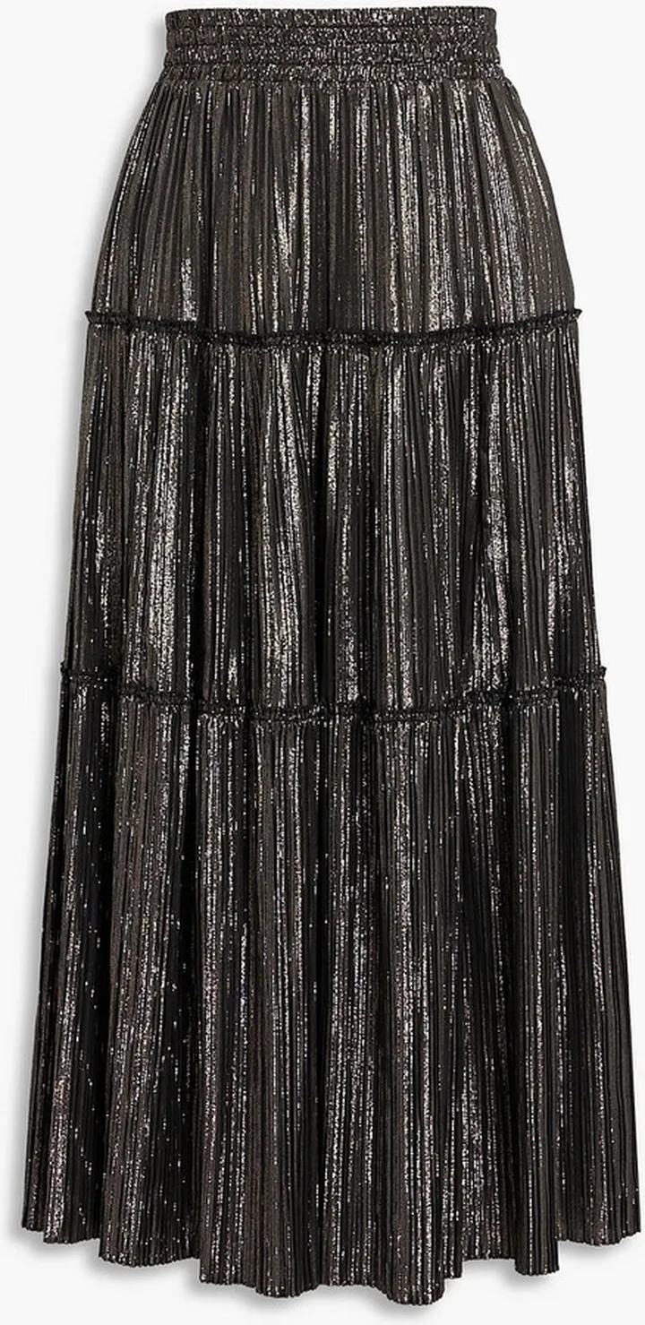 Tiered metallic plissé-woven midi skirt