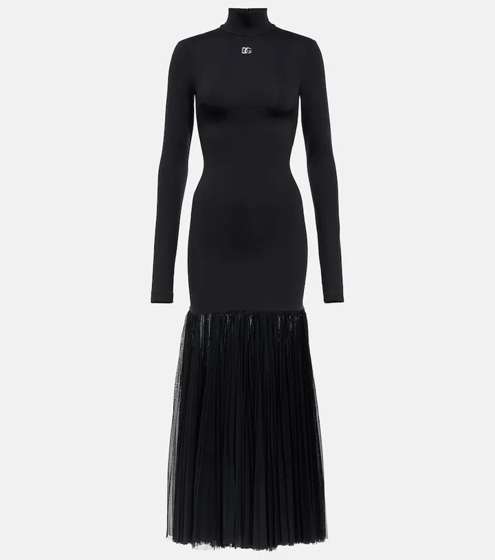 Tulle-trimmed turtleneck midi dress