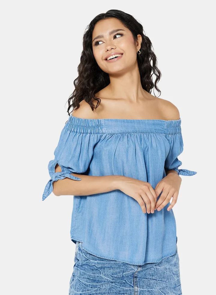 Off Shoulder Woven Top Blue