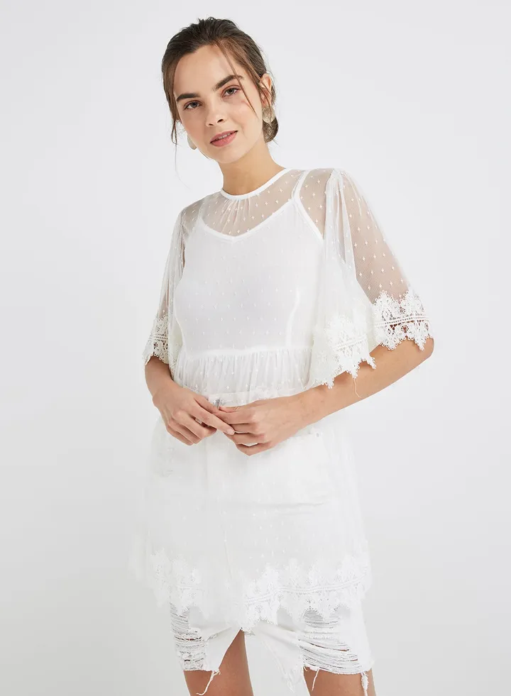 Swiss Dot Round Neck Tunic Ivory