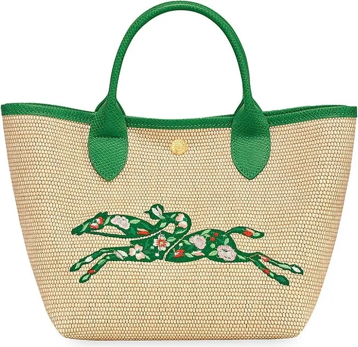 Embroidered Straw-Effect Canvas Tote
