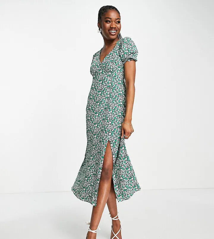 Ever New frill sleeve midi tea dress in green floral